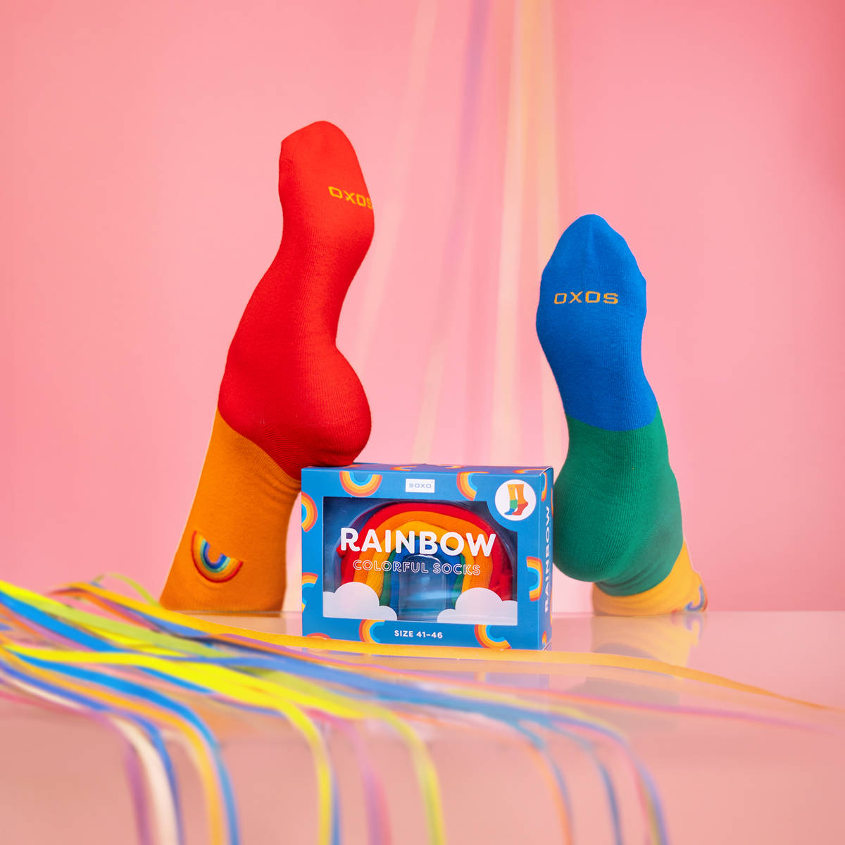 Damensocken | Herrensocken SOXO | Regenbogen in einer Schachtel | Lustige Geschenkidee | Unisex