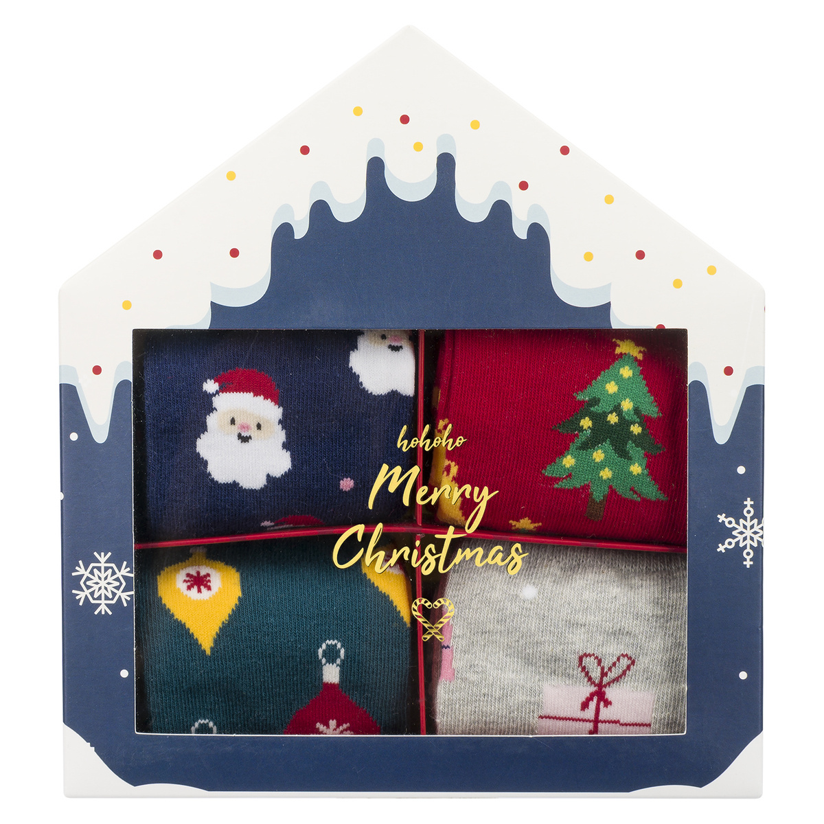 Set mit 4x Soxo Damensocken | Weihnachtshäuschen | Geschenk für sie | Weihnachten | bunte fröhliche Socken