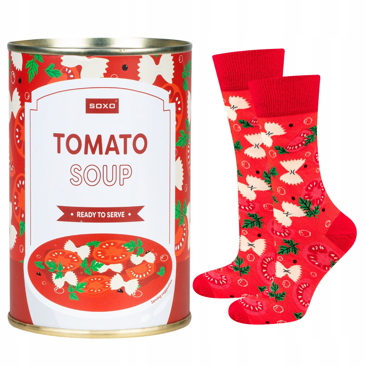 Cheerful women's socks tomato soup in a can