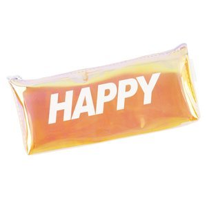 A zipped pencil case with the word HAPPY
