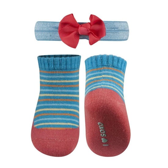 A set of blue SOXO baby socks with a headband