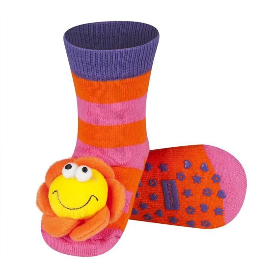 Colorful SOXO baby socks with a flower rattle and ABS