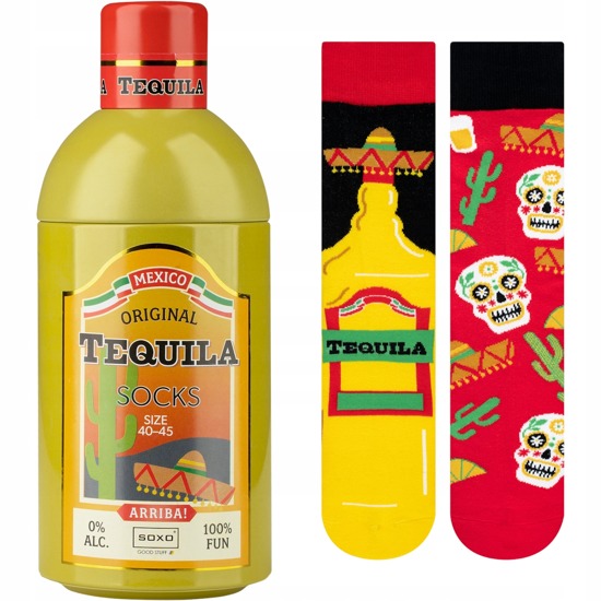 Men's colorful SOXO GOOD STUFF Tequila socks in a bottle gift