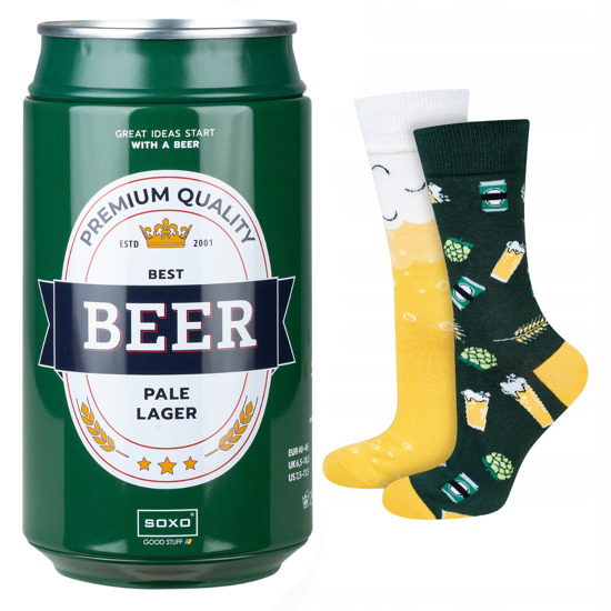 Men's colorful SOXO GOOD STUFF socks funny Pale Lager beer in a gift tin