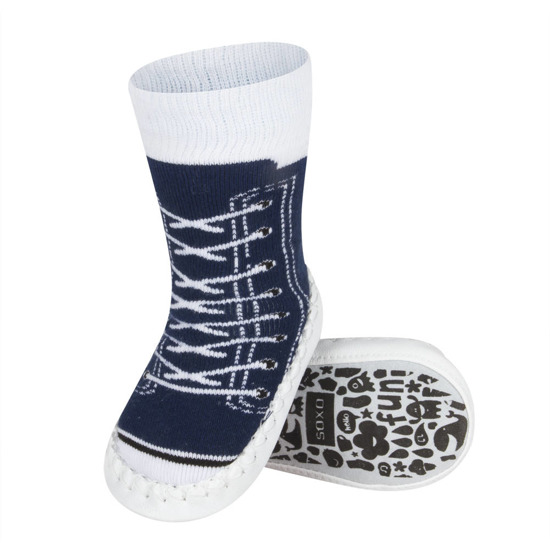 Navy blue children's SOXO slippers with a leather sole with a sneakers motif