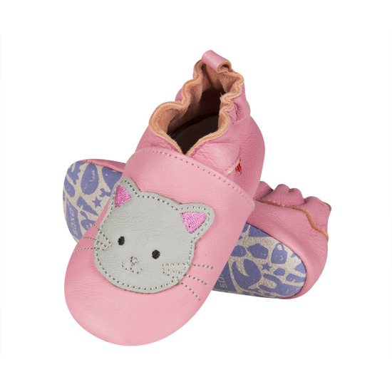 Pink SOXO baby slippers leather with a cat