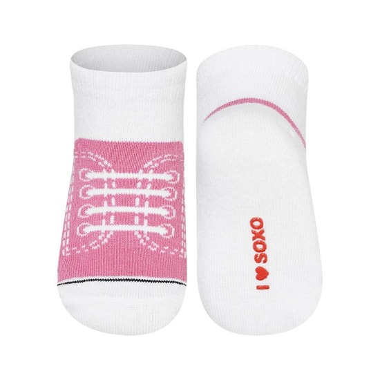 Pink SOXO baby socks, sneakers with inscriptions
