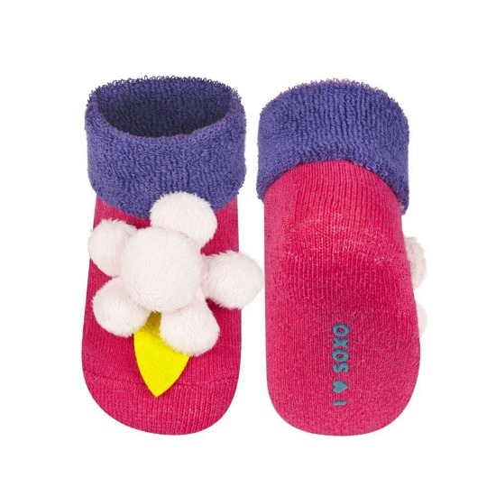 Pink SOXO baby socks with a rattle 3D flower