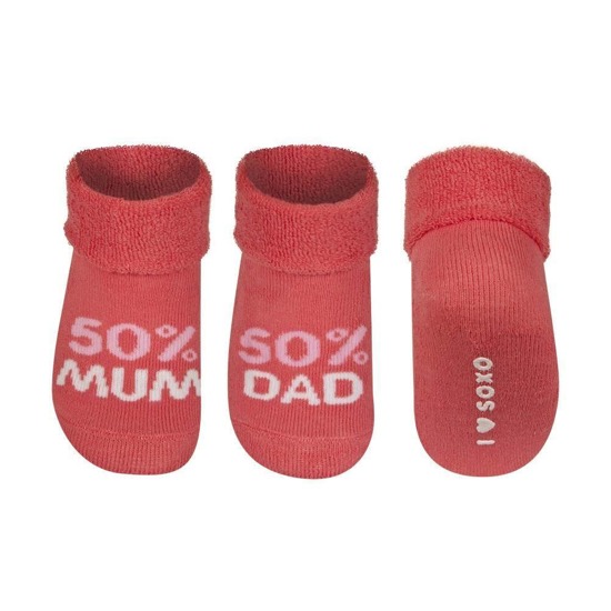 Red SOXO baby socks with inscriptions