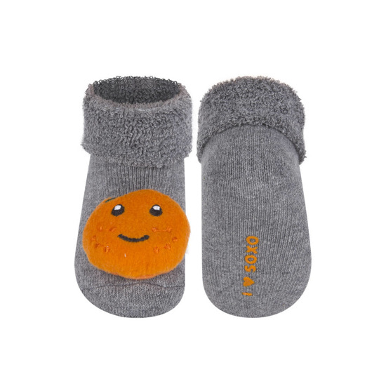SOXO Gray baby socks with a 3D rattle - orange