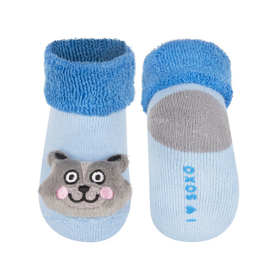 SOXO blue baby socks with a 3D raccoon rattle