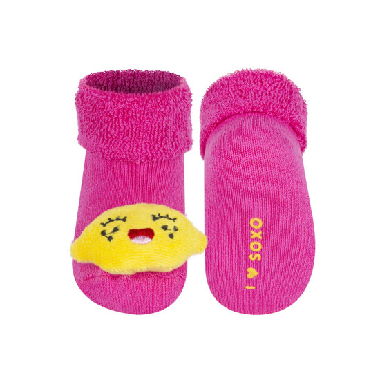 SOXO pink baby socks with a 3D lemon rattle