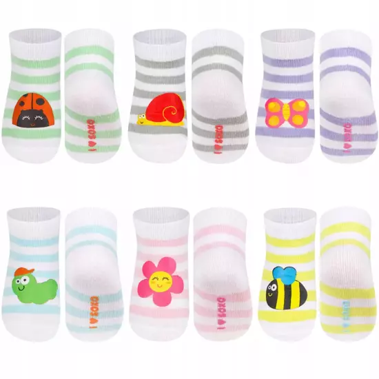 Set of 6 x SOXO striped baby socks with colorful animals
