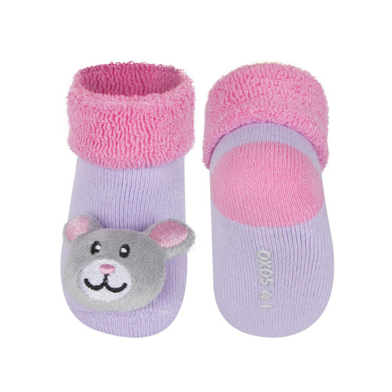 Violet SOXO baby socks with a 3D rabbit rattle
