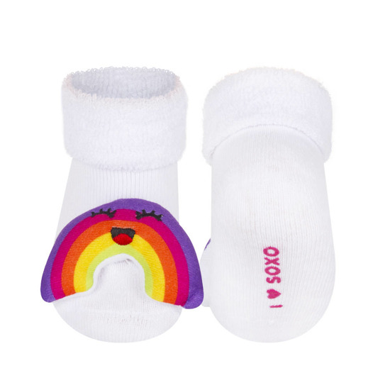 White SOXO baby socks with a 3D rainbow rattle