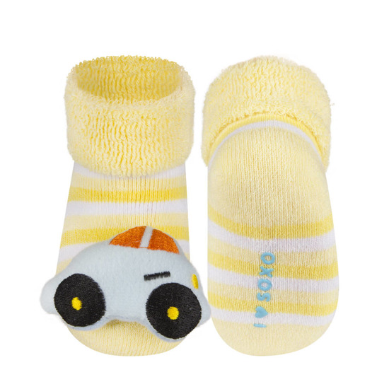 Yellow SOXO baby socks with a 3D car rattle