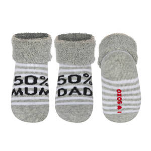 Grey SOXO baby socks with striped inscriptions