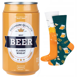 Men's colorful SOXO GOOD STUFF socks, funny classic wheat beer in a tin for a gift with inscriptions