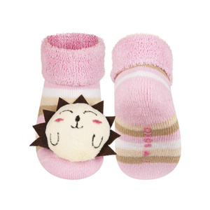 Pink baby SOXO socks with a rattle 3D hedgehog