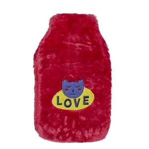 Red hot water bottle SOXO heater in a fur cover with a kitten. Soft, funny gift