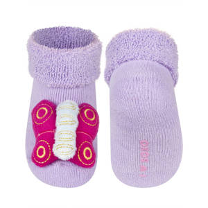 Violet SOXO baby socks with a 3D butterfly rattle