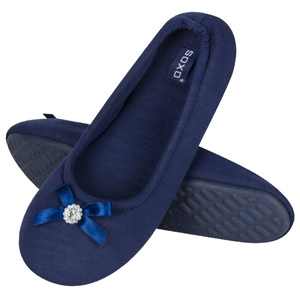 Women's navy blue ballerina slippers SOXO with a bow and a diamond