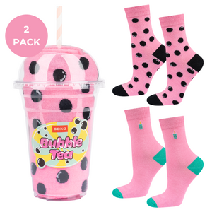 2 Paare von lustigen Socken mit Bubble Tea Motiv in einzigartiger Verpackung | Damen-/Herensocken | SOXO