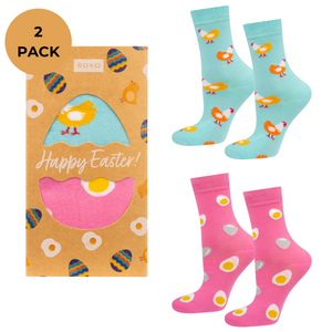 2 Paare von lustigen Socken mit Ei und Hahnmotiv in einzigartiger Verpackung | Damensocken | SOXO