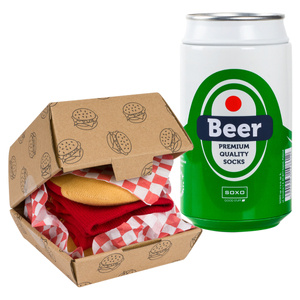 Herrensocken SOXO | Hamburger in einer Box | Bier in einer Dose | Lustiges Geschenk für ihn