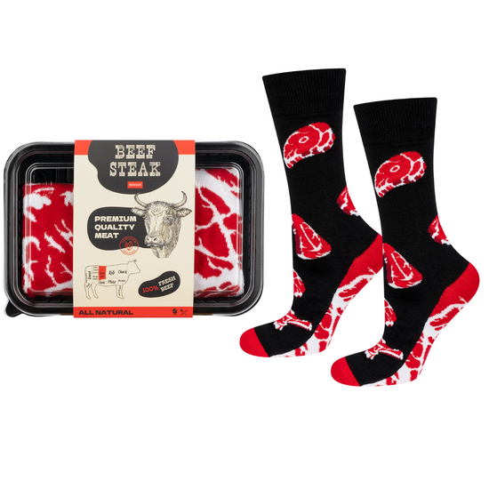 1 Paare von lustige Socken mit Steakmotiv in einzigartiger Verpackung | Herensocken | SOXO