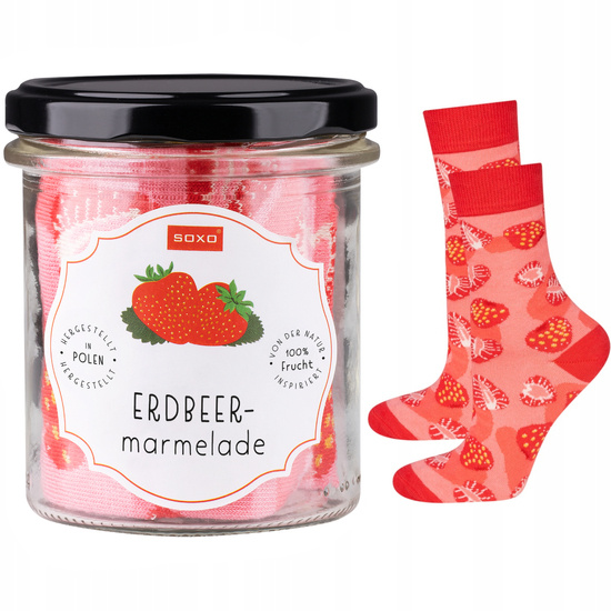 1 Paare von lustigen Socken mit Erdbeer marmelademotiv im eine Glass | Damensocken | SOXO
