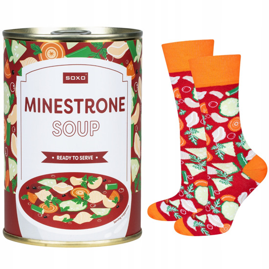 1 Paare von lustigen Socken mit Minestrone Suppenmotiv in einzigartiger Verpackung | Damen-/Herensocken | SOXO