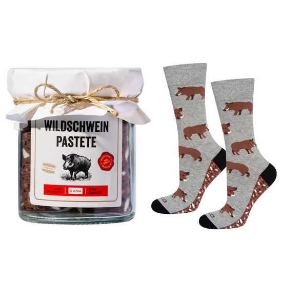 1 Paare von lustigen Socken mit Wildschwein-Pastete Motiv in einzigartiger Verpackung | Herensocken | SOXO
