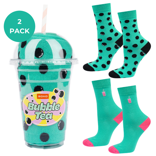 2 Paare von lustigen Socken mit Bubble Tea Motiv in einzigartiger Verpackung | Damen-/Herensocken | SOXO