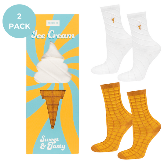 2 Paare von lustigen Socken mit Eiscrememotiv in einzigartiger Verpackung | Damensocken | SOXO