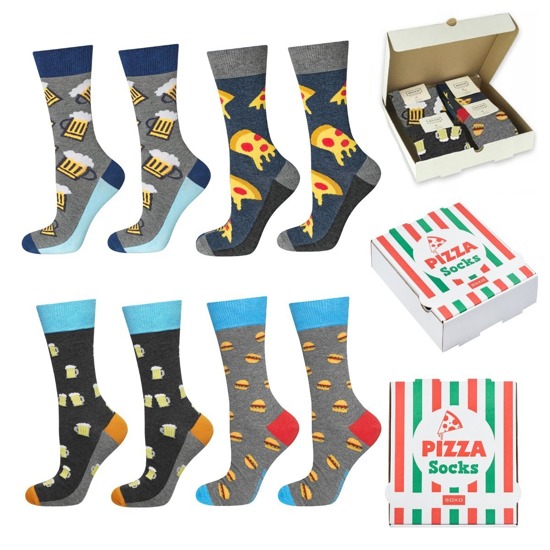 4 Paare von lustigen Socken mit Pizzamotiv einzigartiger Verpackung| Herensocken | SOXO