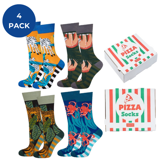 4 Paare von lustigen Socken mit Pizzamotiv einzigartiger Verpackung | Herrensocken | SOXO