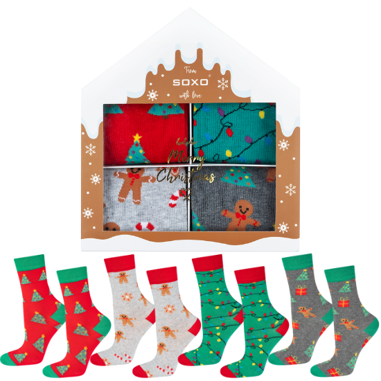 4 Paare von lustigen Socken mit Weihnachtsmotiv in einzigartiger Verpackung | Damensocken | SOXO