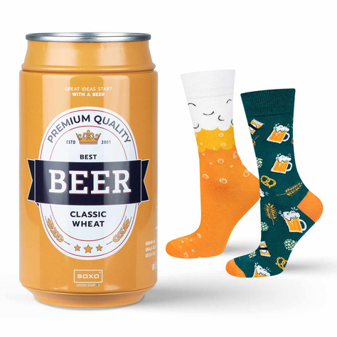 Bunte Herrensocken SOXO GOOD STUFF lustiger Weißbierklassiker in der Geschenkdose