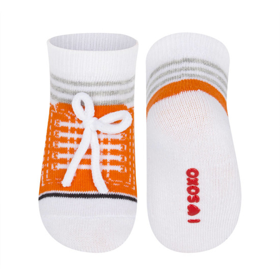 Orange Babysocken SOXO mit Sneaker-Motiv und Aufschriften