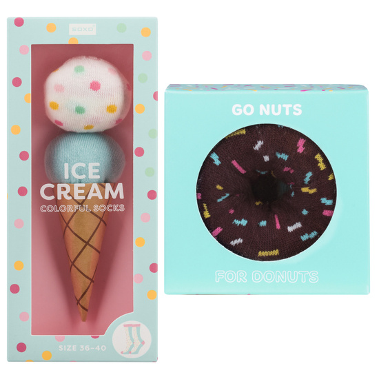 Set mit 3x  Damensocken | Donuts + Eiscreme in einzigartiger Verpackung | SOXO