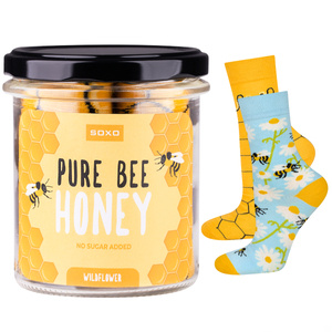 1 Paare von lustigen Socken mit Bienenhonigmotiv in einem Glas | Damen-/Herensocken | SOXO
