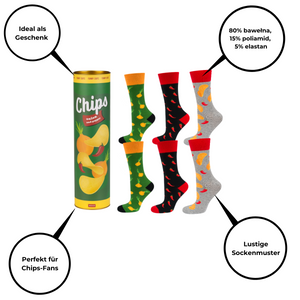 3 Paare von lustigen Socken mit Chipsmotiv in einzigartiger Verpackung | Damen-/Herensocken | SOXO