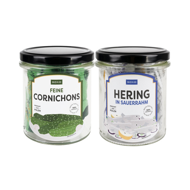 Socken mit Gewürzgurken und Hering-Motiv im Glas 2er-Pack