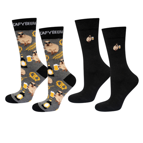 2 Paar lustige Socken mit Bier Capybara Motiv | Herrensocken | SOXO