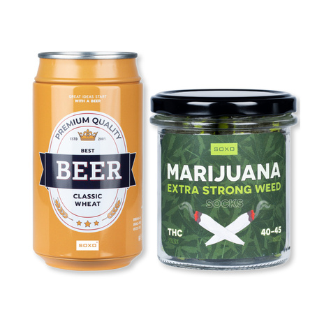 2x Set SOXO Herrensocken | Marihuana in einem Glas | Klassisches Weizenbier in der Dose | als Geschenk für Ihn