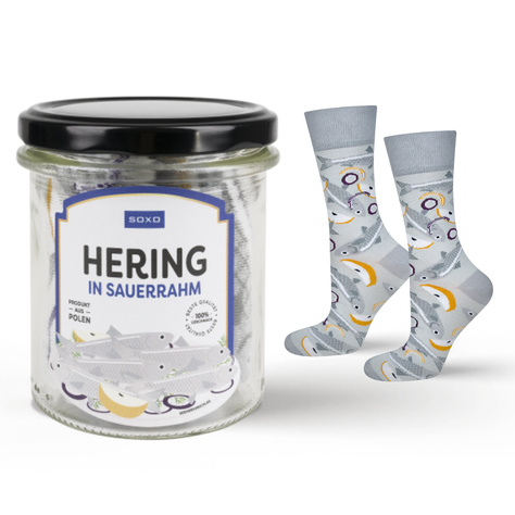 1 Paar von lustigen Socken mit Heringmotiv im Glas  | Damen-/Herrensocken | SOXO