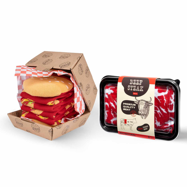 Set aus Steaksocken und Hamburgersocken in einer Box