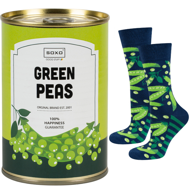 Socken mit Green-Peas-Motiv in Dose