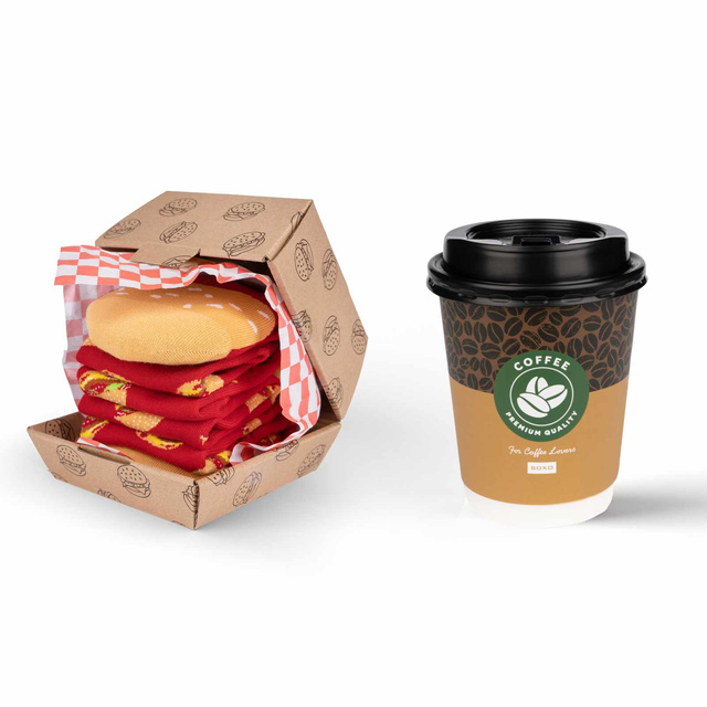 Sockenset Kaffee in einer Tasse und Hamburger in einer Schachtel